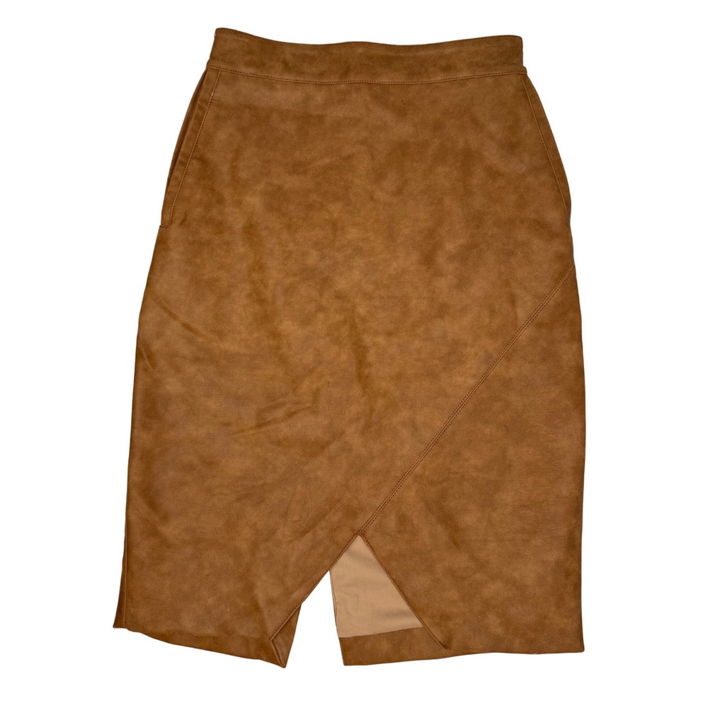 House of CB Pencil Skirt Womens XS Tan Faux Leather Asymmetric Wrap Front Zip
